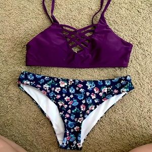 Women's Floral Print Lace Up Swimsuits Low Rise Two Piece Bikini